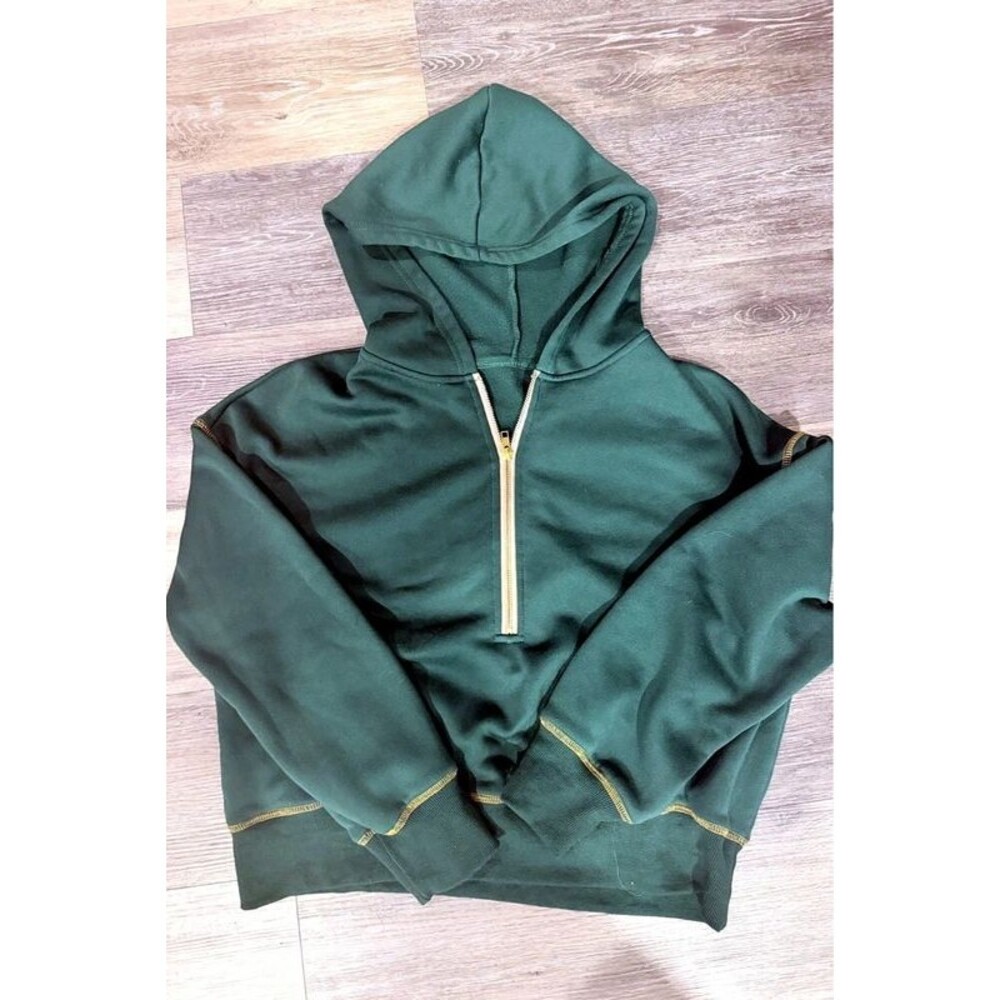 SHEIN Womens Half Zip Hoodie XL Forest Green Oversized Gold Zip
